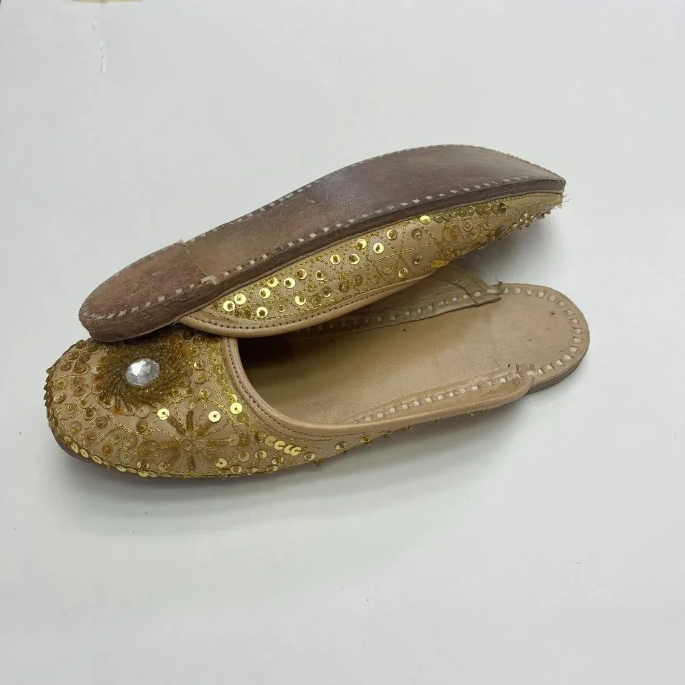 Sequined Embroidered Leather Flat Shoes Boho Flats Hand Made in India US Size 37 - Picture 9 of 10